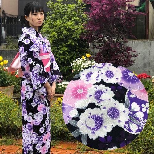 ゆかた 浴衣 「蝶々に四季花柄」 お仕立て上がり 単品 黒地 綿浴衣 