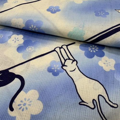ゆかた 「猫に桜」 白地に青 リップステージ 浴衣 古典柄 仕立て上がり