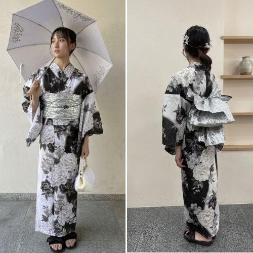 ゆかた 白黒ぼかし 薔薇柄 綿ゆかた bonheur saisons 白地に黒 和風