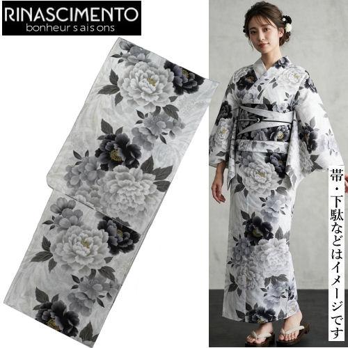 【大きいSize:未使用品】浴衣 単品 白地 薔薇柄 蝶々柄 ゆかた 薔薇柄 乱菊地紋入り 綿ゆかた bonheur saisons 白地に黒 和風