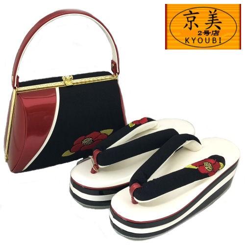 草履バッグセット　振袖 　厚底　フリーサイズ　ヒール草履　椿　刺繍　レトロ　フォーマル　３枚芯　成人式　訪問着　ゾウリバッグ　草履　黒　赤　白