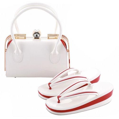 草履バッグセット 振袖 白赤 ラインストーン付き 厚底 2段