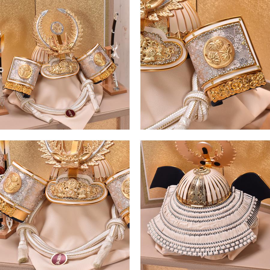 ✨美品！五月人形一式 兜 飾り [ 白金向い龍 ] こどもの日 端午の節句 横幅41cm｜お求めやすいケース入り飾り｜龍の前立兜【リツ】｜赤富士
