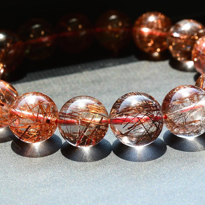 天然石ブレスレット 【高透明度クォーツに艶めく赤針が優美】13mm〜14mm レッドルチルクォーツ 艶感 一点物【GHB93】  京海堂の画像