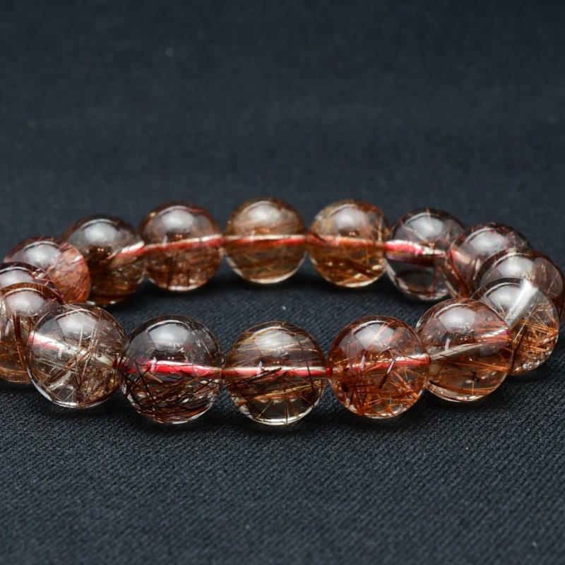 天然石ブレスレット 【高透明度クォーツに艶めく赤針が優美】13mm〜14mm レッドルチルクォーツ 艶感 一点物【GHB93】  京海堂の画像