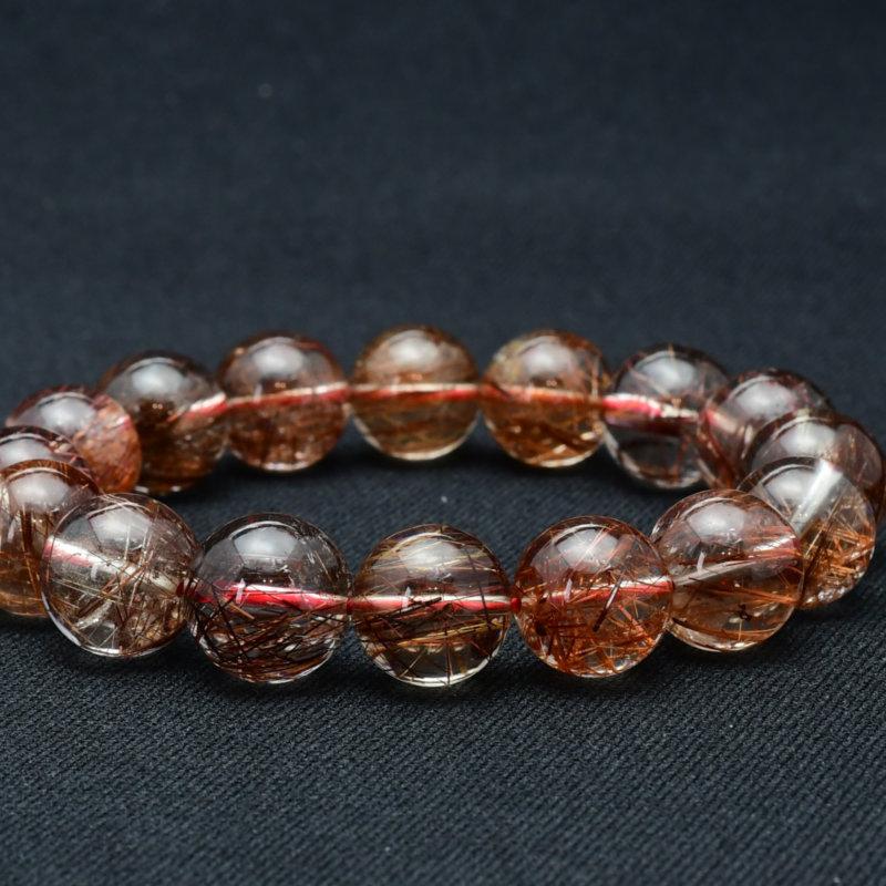 天然石ブレスレット 【高透明度クォーツに艶めく赤針が優美】13mm〜14mm レッドルチルクォーツ 艶感 一点物【GHB93】  京海堂の画像