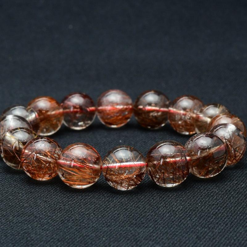 天然石ブレスレット 【高透明度クォーツに艶めく赤針が優美】13mm〜14mm レッドルチルクォーツ 艶感 一点物【GHB93】  京海堂の画像