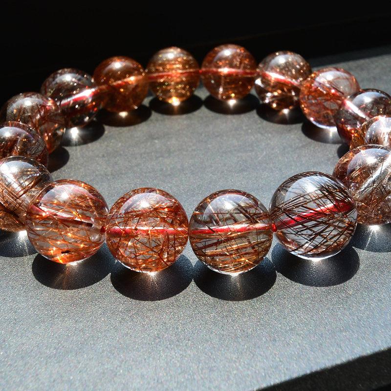 天然石ブレスレット 【高透明度クォーツに艶めく赤針が優美】13mm〜14mm レッドルチルクォーツ 艶感 一点物【GHB93】  京海堂の画像