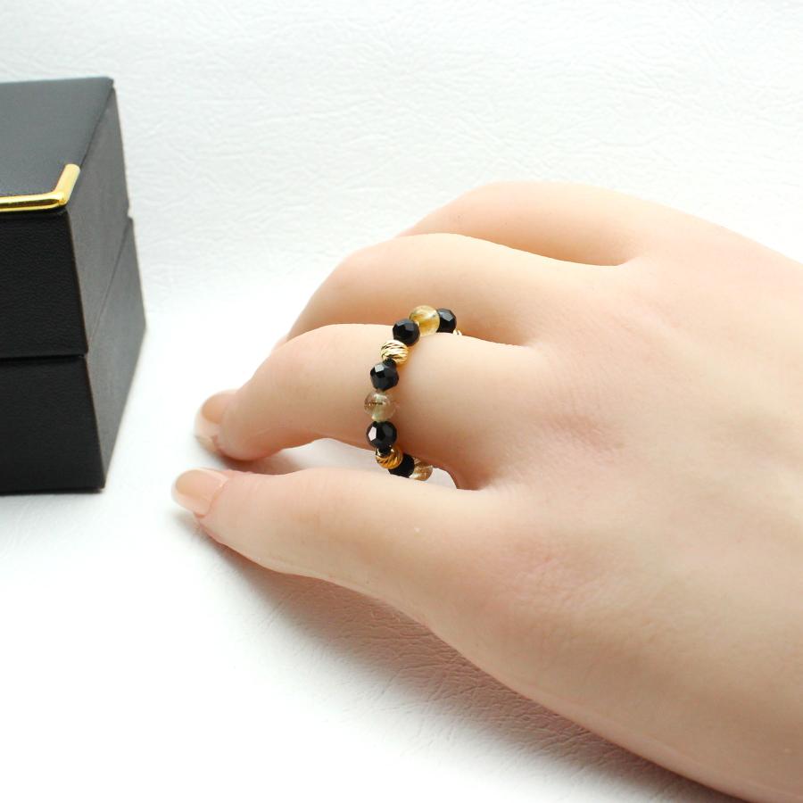 天然石 天然石 指輪  K18ゴールド オニキス ルチルクォーツ リング アクセサリーケース付【ブラック＆GOLD＆ルチルクォーツ】ghri3 当社オリジナル京海堂の画像