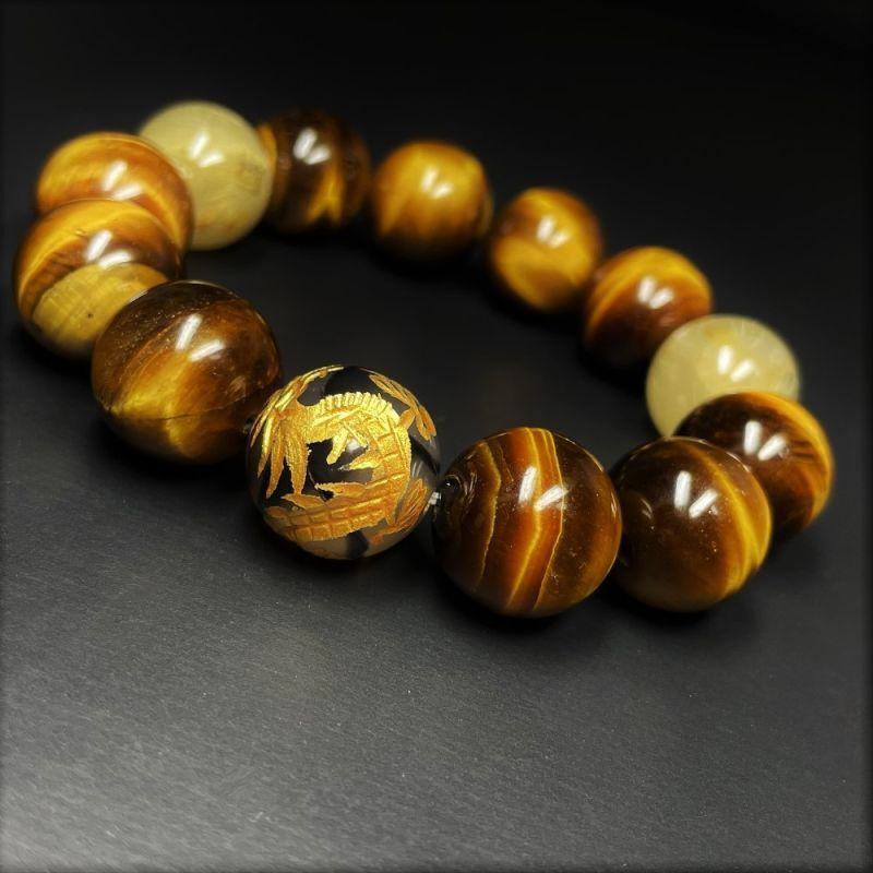 オリジナルレアアイテム！黄金皇帝龍ドラゴンアゲート×ゴールドタイチンルチルブレス 14ミリ 風水 皇帝龍 ドラゴンアゲート ゴールドタイガーアイ