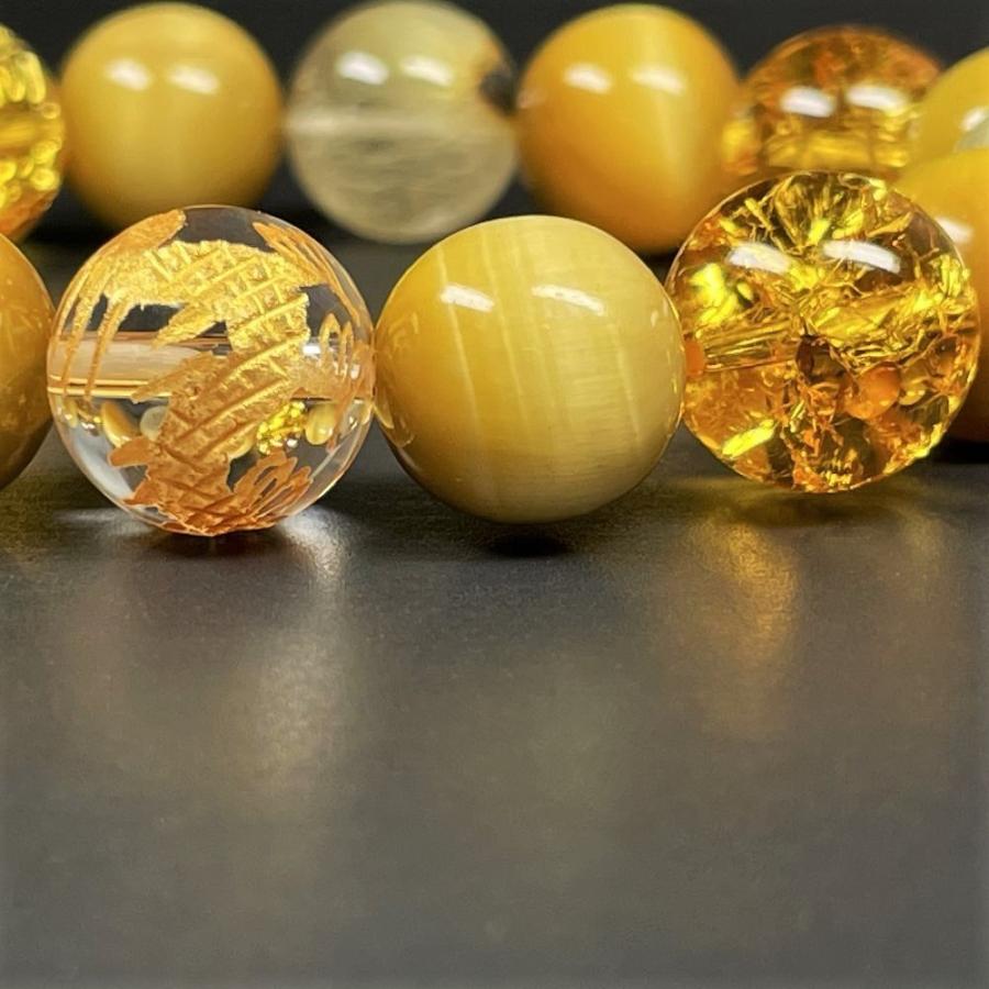 相性抜群 12ミリ 金彫皇帝龍本水晶 ゴールデンタイガーアイ シトリンクラック ゴールドルチルブレスレット ryub9の画像