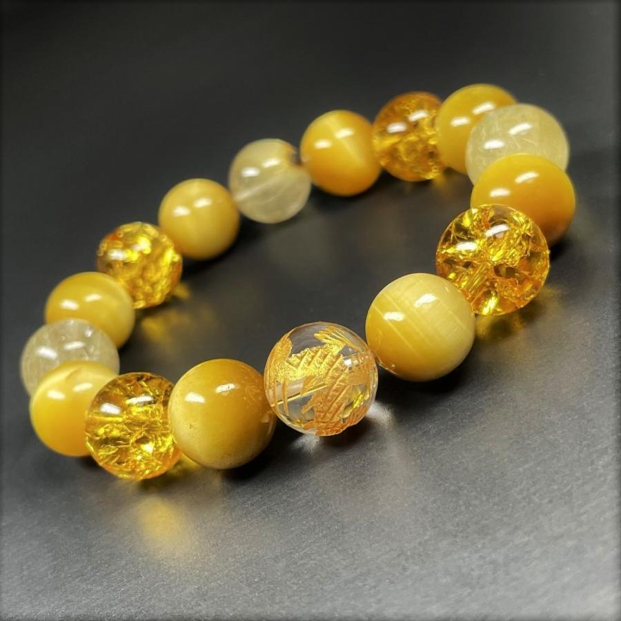 相性抜群 12ミリ 金彫皇帝龍本水晶 ゴールデンタイガーアイ シトリンクラック ゴールドルチルブレスレット ryub9の画像