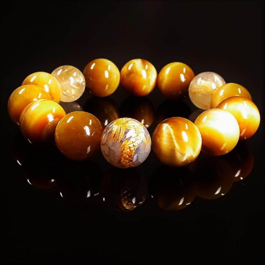 オリジナルレアアイテム！黄金皇帝龍ドラゴンアゲート×ゴールドタイチンルチルブレス 14ミリ 風水 皇帝龍 ドラゴンアゲート ゴールドタイガーアイ