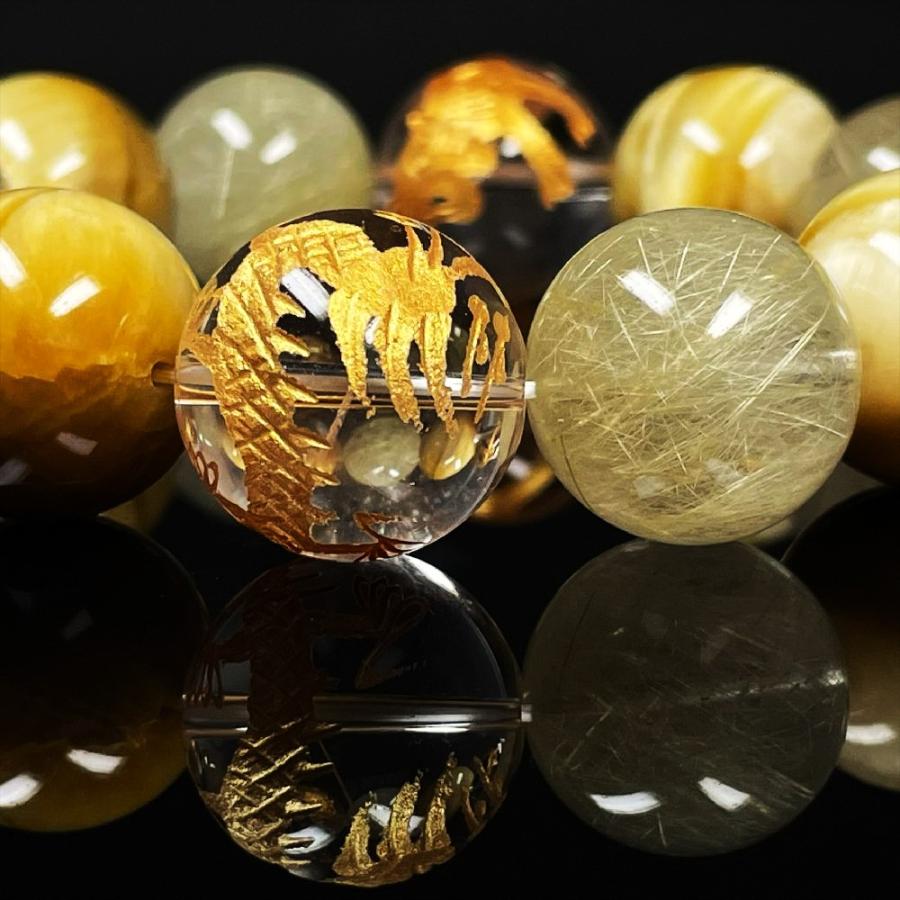 【パワーストーン】ゴールドルチル　四神水晶　タイガーアイ 天然石ブレスレット【四神獣 開運祭】 成功を引き寄せる18ミリ 四神獣