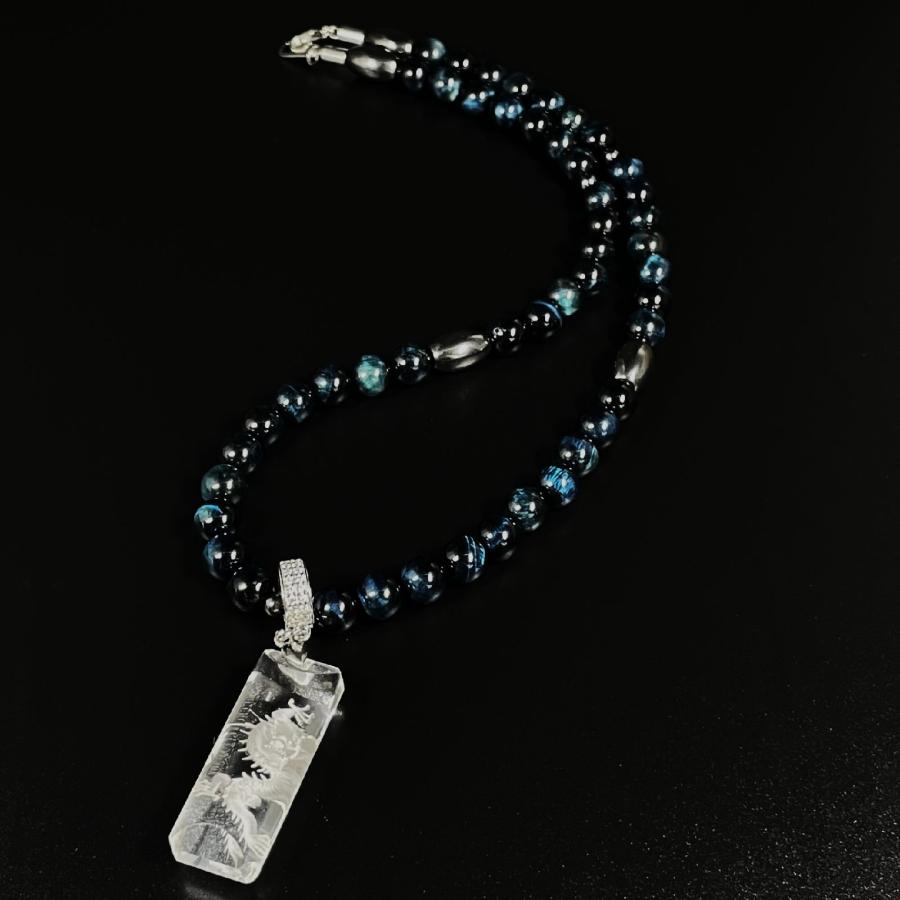 直感力を研ぎ澄ます】浮彫龍水晶プレート ブルータイガーアイ