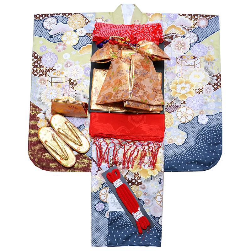 子供用 着物 花柄 七五三 女の子　フルセット　7歳　753 女の子着物　四つ身 七五三 7歳着物 レンタル フルセット 乙葉 ブランド着物 水色