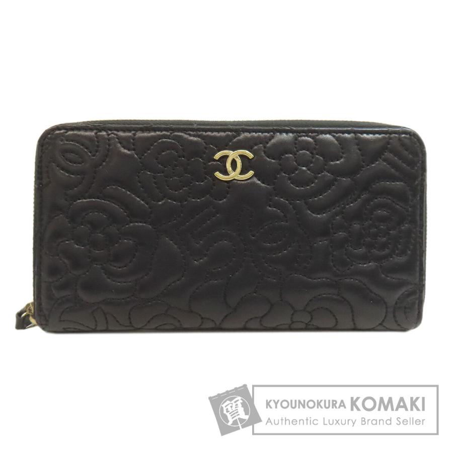 CHANEL シャネル カメリア ココマーク ラムスキン 三つ折り長財布 黒 CHANEL（シャネル） カメリア エンボス 三つ折り 長財布 ラムスキン