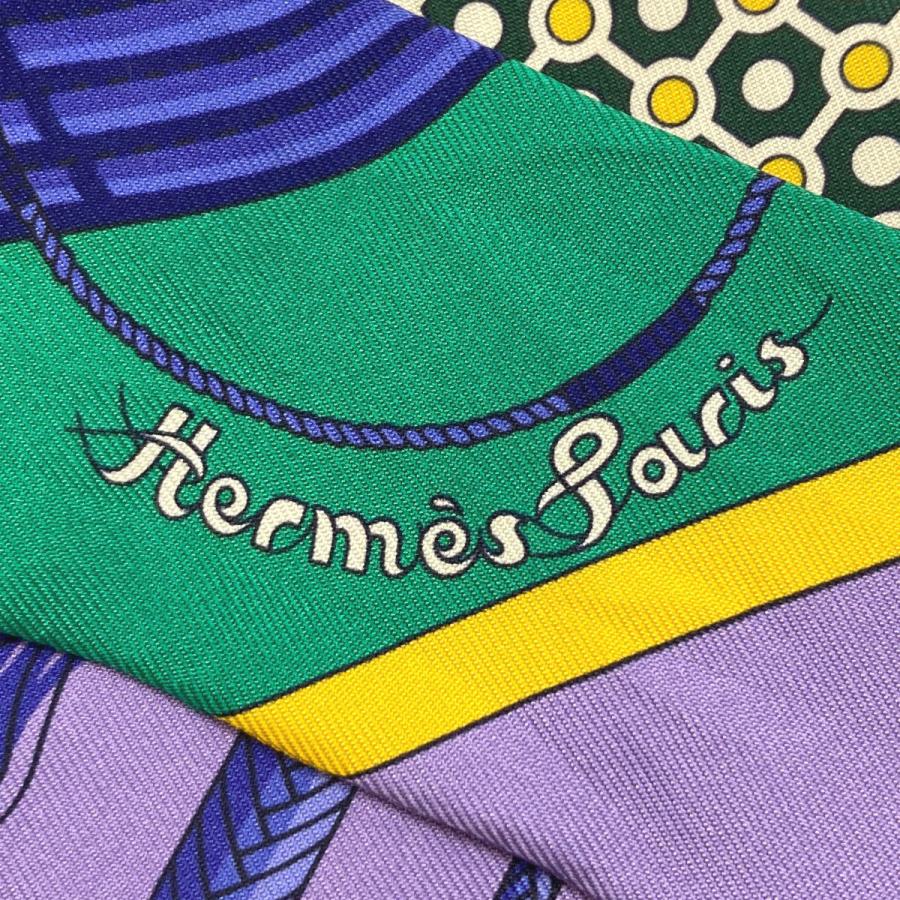 エルメス　ツイリー　幾何学模様　パープル×グリーン×イエロー HERMES（エルメス） ツイリー スカーフ シルク レディース 中古