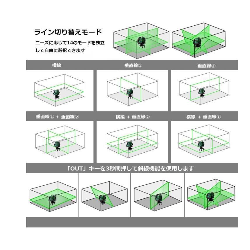 12ライン グリーン レーザー墨出し器 3D　墨出器 水平器 墨だし器　墨出し機　水準器/測定器 自動補正機能 高輝度 高精度/受光器と1.2M三脚付き｜kyousei｜06