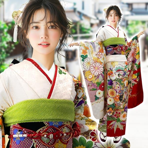 振袖 フルセット５点特価　サイズM正絹　 扇子花文　刺繍西陣袋帯 レディース 振袖 フルセット5点特価 サイズM正絹 扇子花文 刺繍西陣袋帯