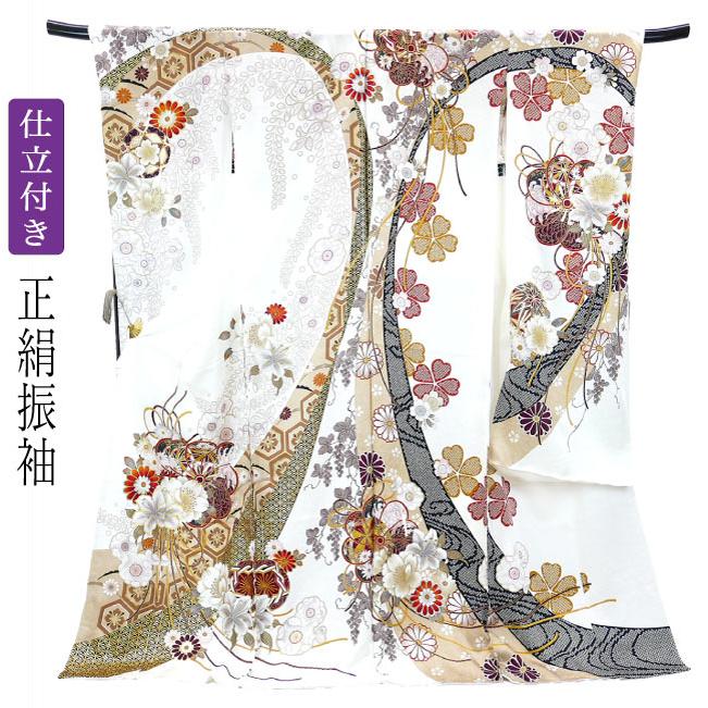 仕立て付き 正絹 振袖単品 牡丹柄 藤 菊 f-007-t 白色 刺繍 成人式
