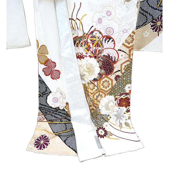 仕立て付き 正絹 振袖単品 牡丹柄 藤 菊 f-007-t 白色 刺繍 成人式
