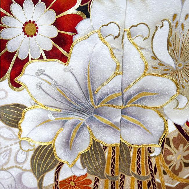 仕立て付き 正絹 振袖単品 牡丹柄 藤 菊 f-007-t 白色 刺繍 成人式