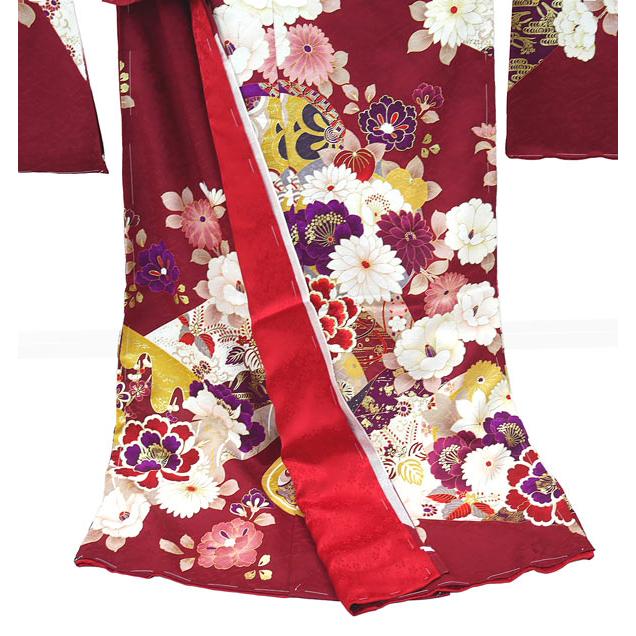 仕立て付き 正絹 振袖 f-008-t ワインレッド 菊 牡丹 刺繍入 新品購入 
