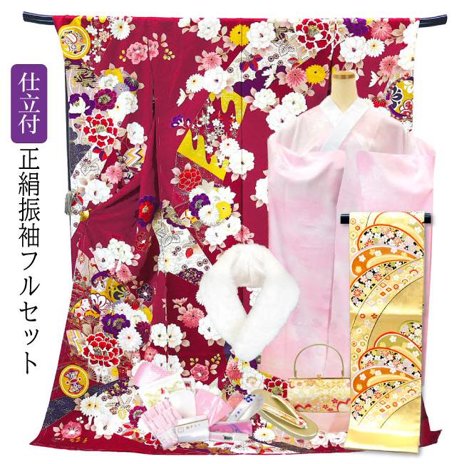 振袖フルセット6点サイズM〜Ｌ駒刺繍　渡り橋藤花房文　金彩　正絹 仕立て付き 正絹 振袖 フルセット32点 f-008 ワインレッド 牡丹 菊