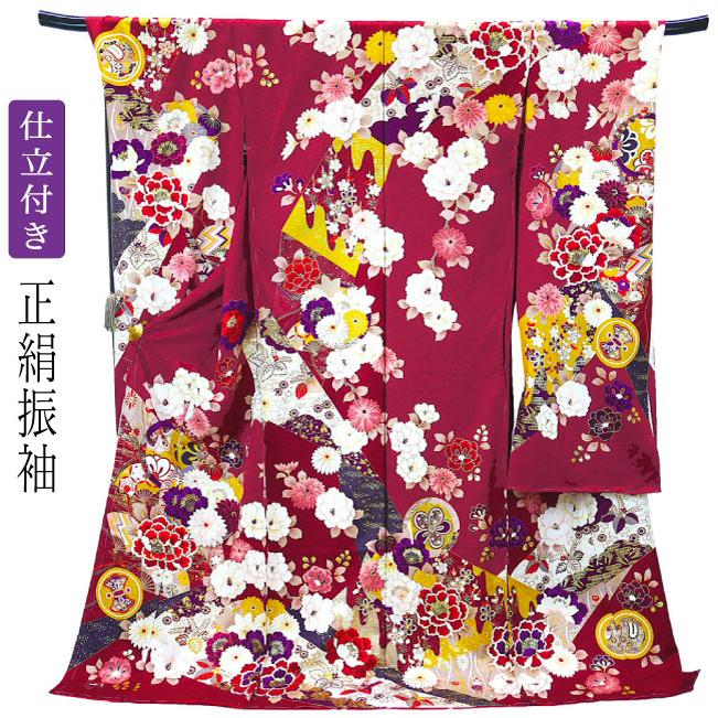 正絹 振袖フルセット ワインレッド花柄丈158 裄 68袖丈109 仕立て付き 正絹 振袖 フルセット32点 f-008 ワインレッド 牡丹 菊