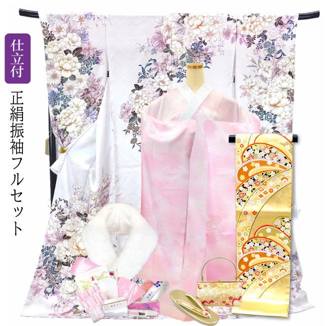仕立て付き 正絹 振袖 フルセット32点 f-010 薄藤色 牡丹 菊 刺繍 新品