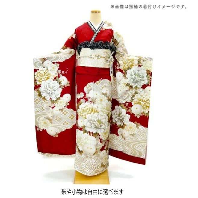 仕立て付き 正絹 振袖 フルセット32点 f-012 ワインレッド 牡丹 菊