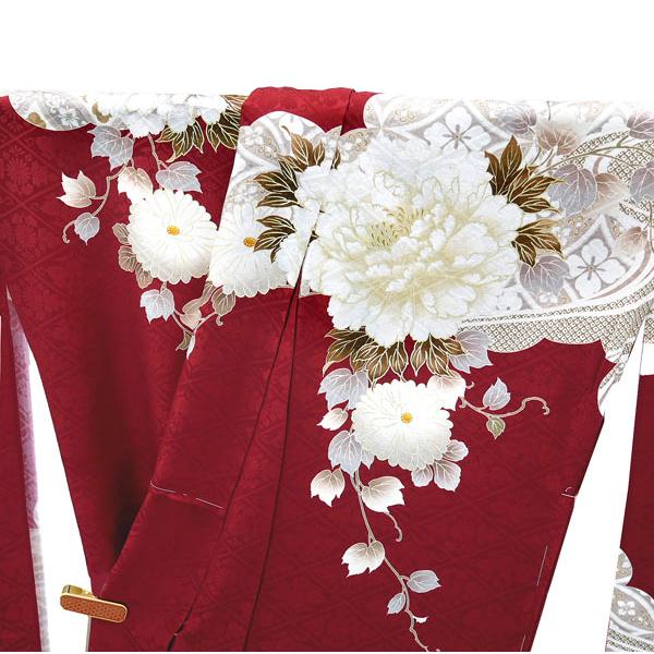 仕立て付き 正絹 振袖 フルセット32点 f-012 ワインレッド 牡丹 菊