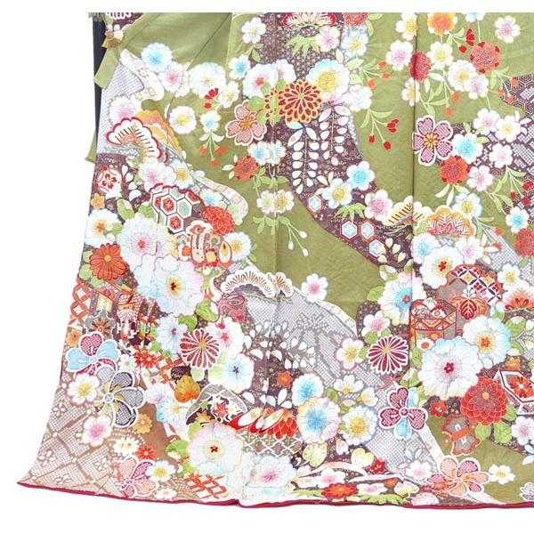 仕立付き 正絹 振袖単品 f-013-t 緑色 抹茶色 刺繍 振袖 卒業式 仕立付き 正絹 振袖単品 f-013-t 緑色 抹茶色 刺繍 振袖 卒業式