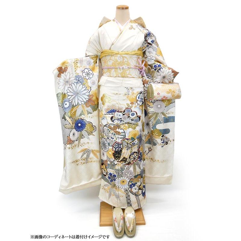 仕立て付き 正絹 振袖 f-016 ベージュクリーム色 御所車 刺繍 成人式