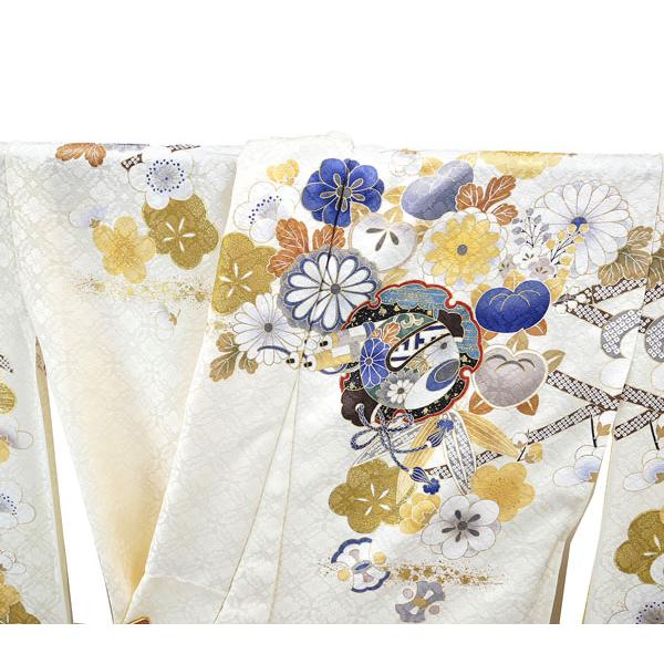 仕立て付き 正絹 振袖 f-016 ベージュクリーム色 御所車 刺繍 成人式