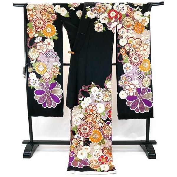 (え15) 蒼波に綴る祝い花 手刺繍映える アンティーク振袖コーデ㊗️②点セット 振袖 フルセット 一式 仕立て付き 正絹 f-421 古典柄 新品 紺 ネイビー