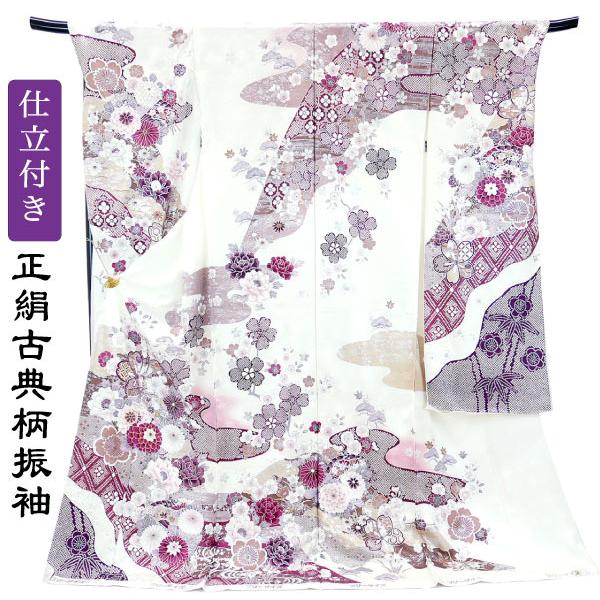 古典柄　振袖 白色　花柄　正絹 TAKAZENの振袖 /白色/ゴールド色/古典/桜柄/ 最新作最高級古典柄