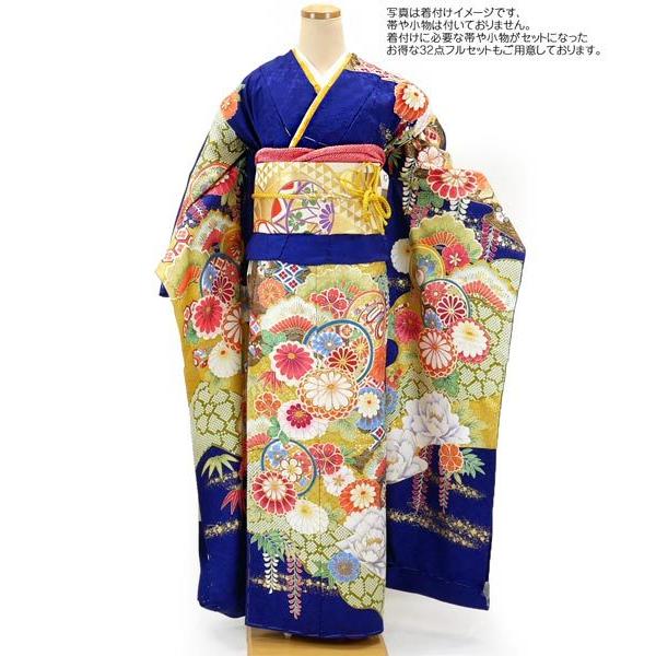 仕立て付き 正絹 振袖 新品 古典柄 f-023-t 青 ブルー 金駒刺繍 刺繍