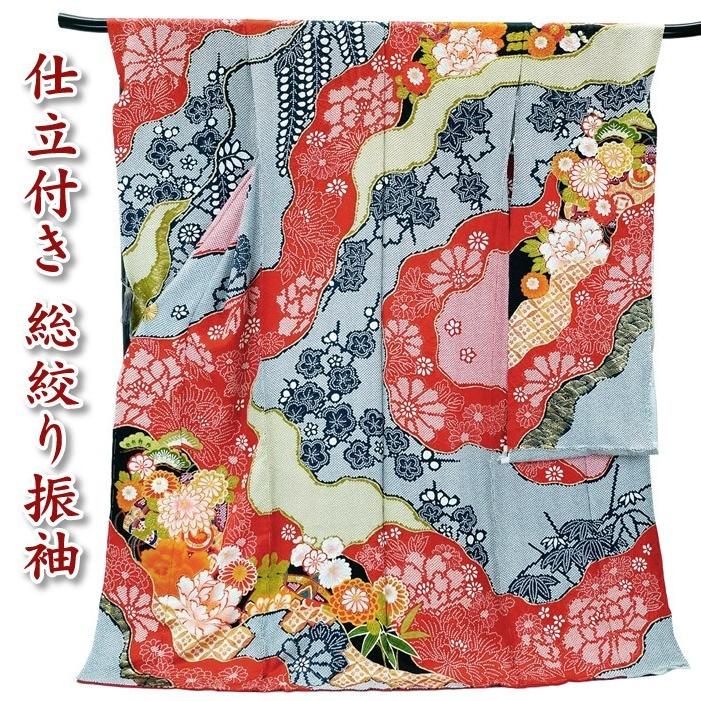セール>仕立付 総絞り 古典柄 正絹総絞り振袖 単品 刺繍入り f セール>仕立付 総絞り 古典柄 正絹総絞り振袖 単品 刺繍入り f