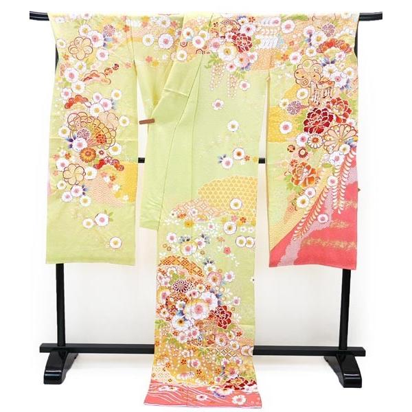 仕立て付き 正絹 振袖 フルセット32点 辻が花 絞り f-094 黄緑色 成人