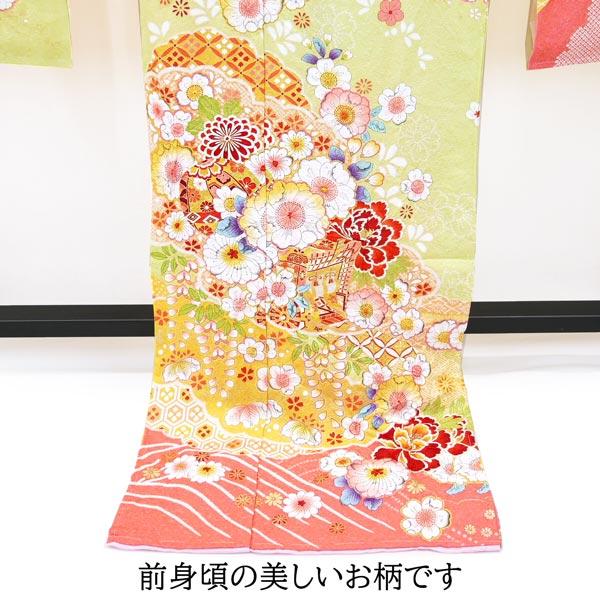 仕立て付き 正絹 振袖 フルセット32点 辻が花 絞り f-094 黄緑色 成人