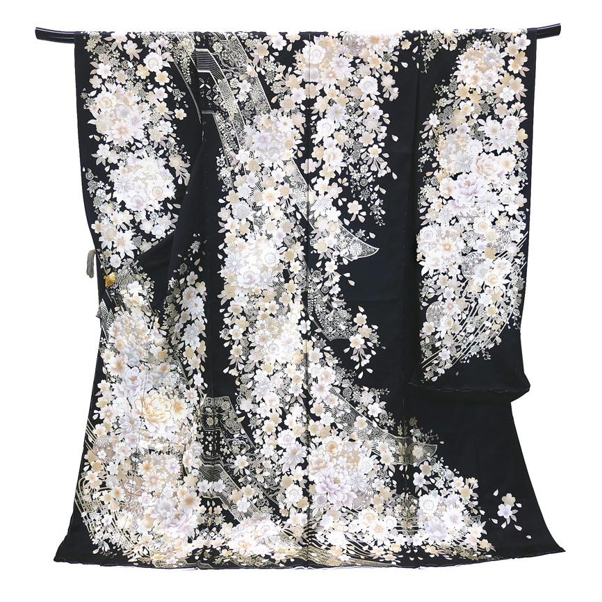 仕立て付 正絹振袖 単品 花 桜 f-171-t 黒 丹後ちりめん 刺繍