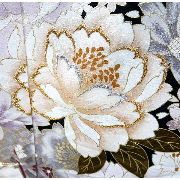 仕立て付 振袖 成人式 正絹 古典柄 花 f-171-t 黒 刺繍入 単品 仕立て付 振袖 成人式 正絹 古典柄 花 f-171-t 黒 刺繍入 単品