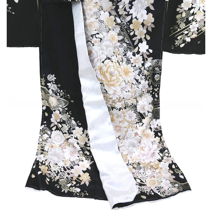 正絹振袖単品、成人式、 仕立て付 正絹振袖 単品 花 桜 f-171-t 黒 丹後ちりめん 刺繍