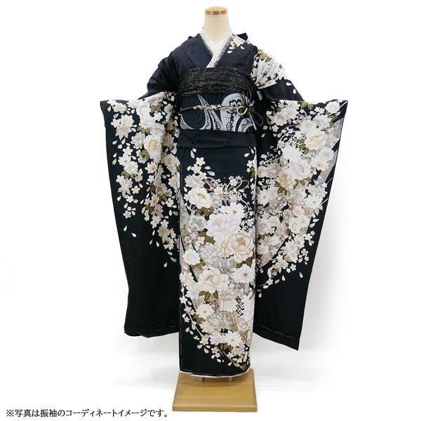 仕立て付 振袖 成人式 正絹 古典柄 花 f-171-t 黒 刺繍入 単品 仕立て付 振袖 成人式 正絹 古典柄 花 f-171-t 黒 刺繍入 単品