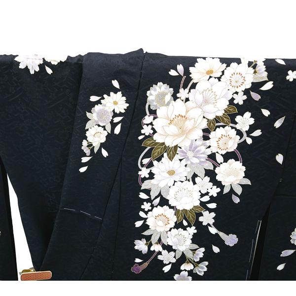 仕立て付 振袖 成人式 正絹 古典柄 花 f-171-t 黒 刺繍入 単品 仕立て付 振袖 成人式 正絹 古典柄 花 f-171-t 黒 刺繍入 単品