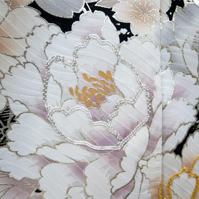 仕立て付 正絹振袖 単品 花 桜 f-171-t 黒 丹後ちりめん 刺繍
