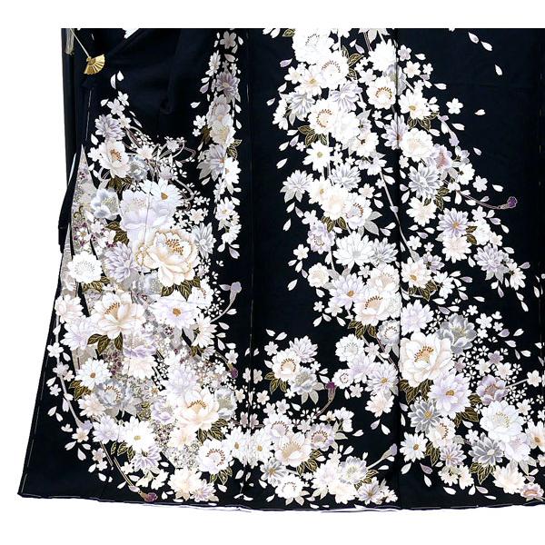仕立て付 振袖 成人式 正絹 古典柄 花 f-171-t 黒 刺繍入 単品 仕立て付 振袖 成人式 正絹 古典柄 花 f-171-t 黒 刺繍入 単品