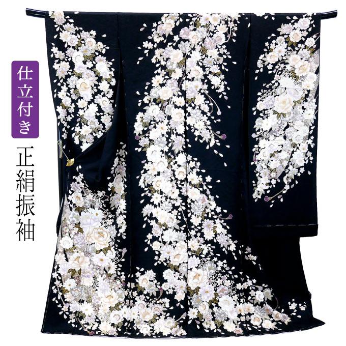 仕立て付 振袖 成人式 正絹 古典柄 花 f-171-t 黒 刺繍入 単品 仕立て付 振袖 成人式 正絹 古典柄 花 f-171-t 黒 刺繍入 単品